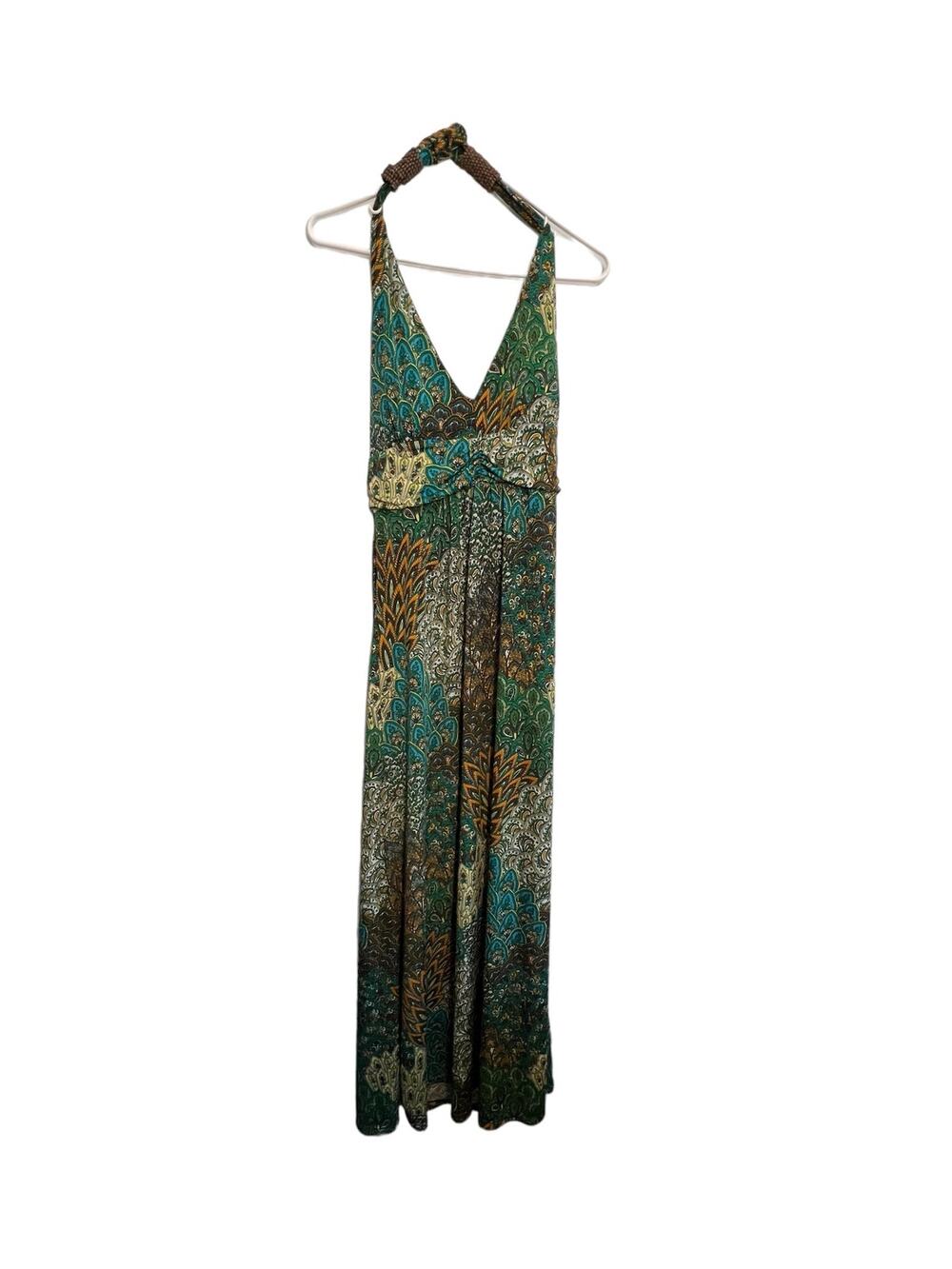 Christina Love Peacock Feather Halter Maxi Dress Women’s Large Boho Green